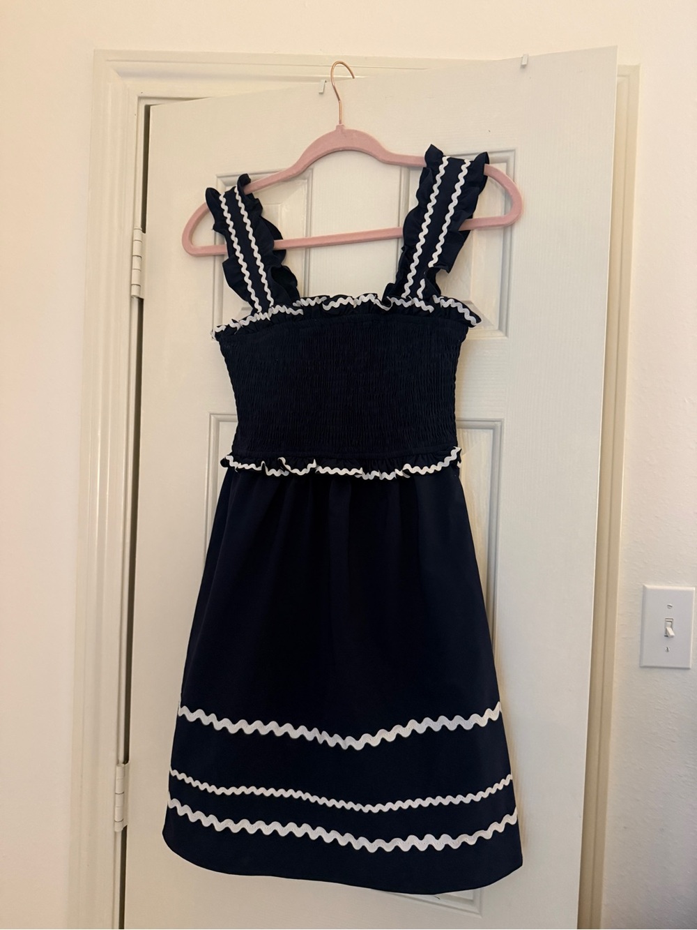Navy Blue Smocked Sundress with White Trim